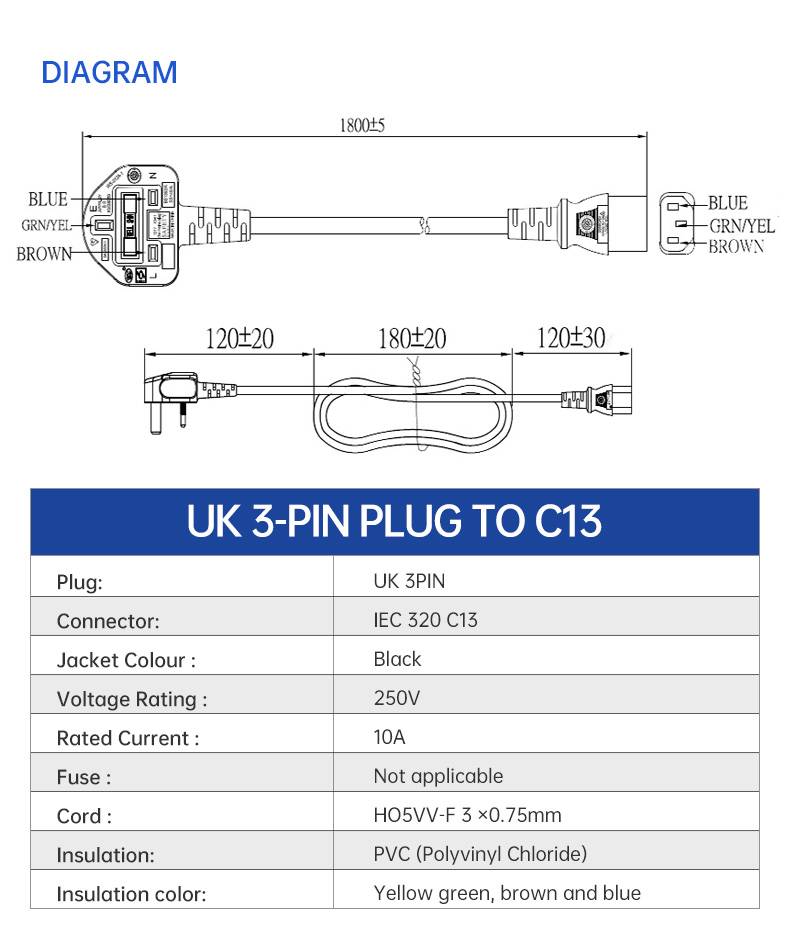 UK 3-Pin Plug To IEC 320 C13 AC Power Cord(图3)