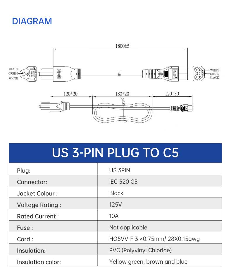  AC Cables Extension Lead US Power Cords Type(图5)