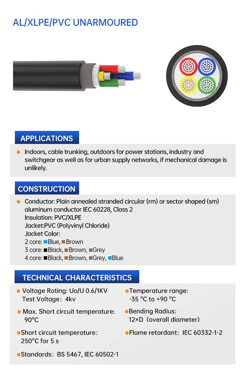 0.6/1KV 4 Core AL/PVC/XLPE Insulated Unarmoured Power Cable(图3)